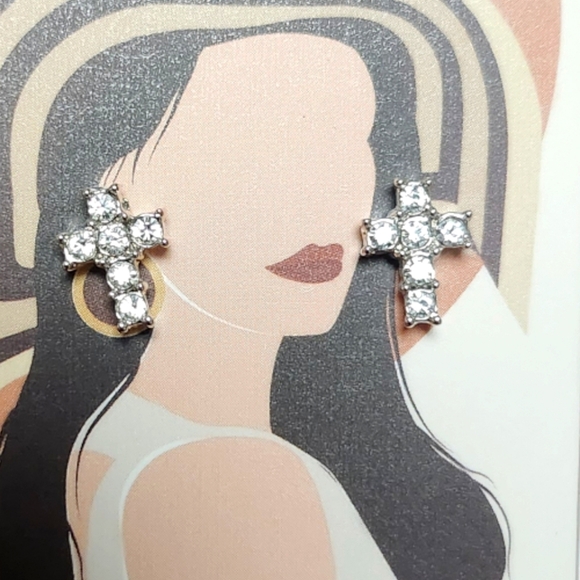 Silver Plated Diamante Cross Stud Earrings - Picture 1 of 1